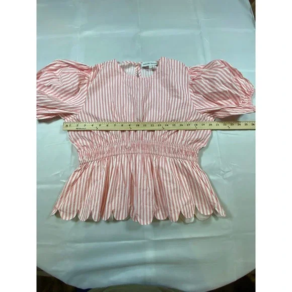 ENGLISH FACTORY Pink White Stripe Puff Sleeve Peplum Scallop Hem Top L‎ - Picture 10 of 13
